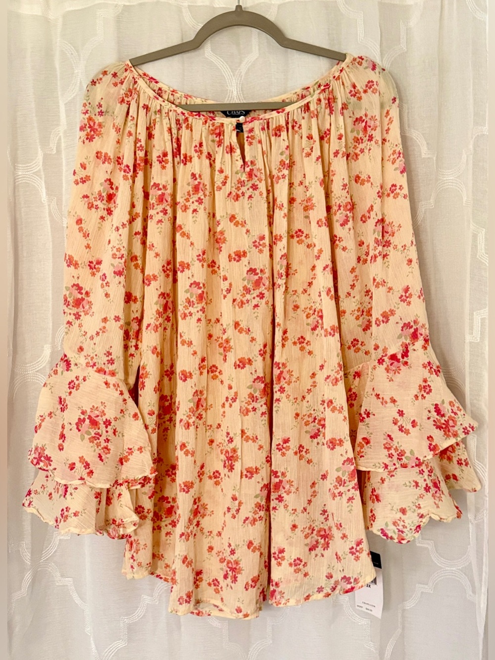Chaps 3X NWT Cream Pink Floral Bell Sleeve Peasant Blouse
